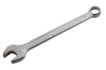 Mechanic silver metal tool wrench for repair isolated on whiteの写真素材