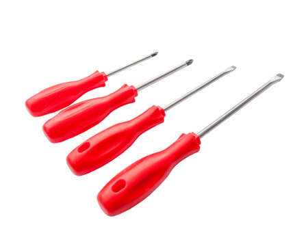 Four red shiny metal and plastic tool screwdriver for repairの写真素材