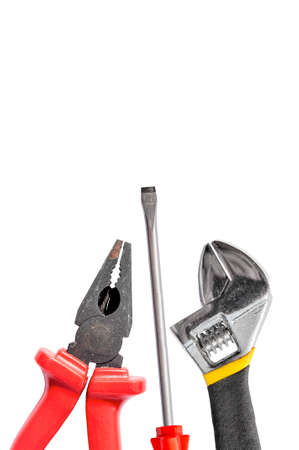 Tool set of wrench, adjustable spanner, pliers and screwdriverの写真素材