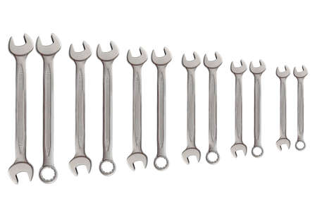 Row of mechanic silver metal tool wrench for repair isolated on whiteの写真素材