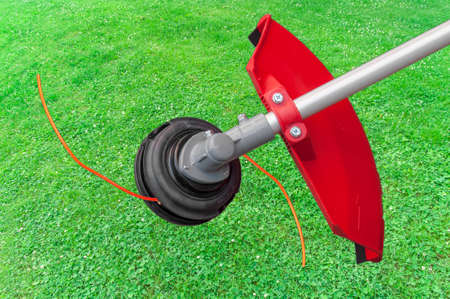 Lawnmower big head trimmer for grass like garden machine with green grass backgroundの写真素材