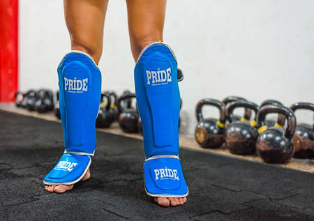 BELGRADE, SERBIA - SEPTEMBER 06 2019: Pride boxing shield for legs fighter ready for training in Belgrade, Serbiaのeditorial素材
