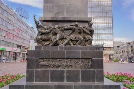 NIS, SERBIA - JUNE 16, 2019 Sculpture monument to the liberators of town Nis in Serbia with blue cloudy sky in Nis, Serbiaのeditorial素材
