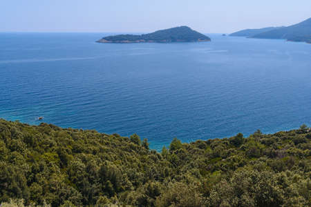 Sea and blue sky with green trees, view from the hillの写真素材