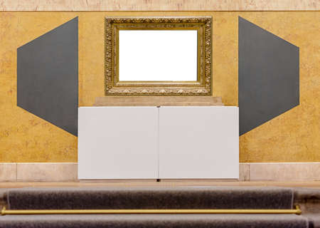 Part of staircase with marble steps and on the top luxury antique golden frameの写真素材