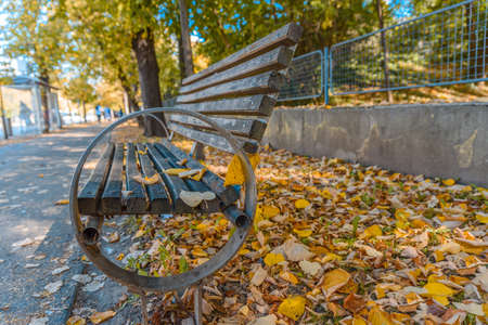 Side view of wooden bench with metal on city street in the parkの写真素材