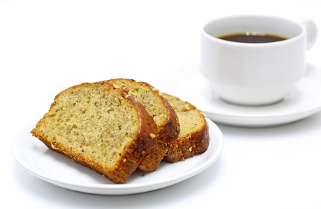 coffee and banana bread isolated on white background の写真素材