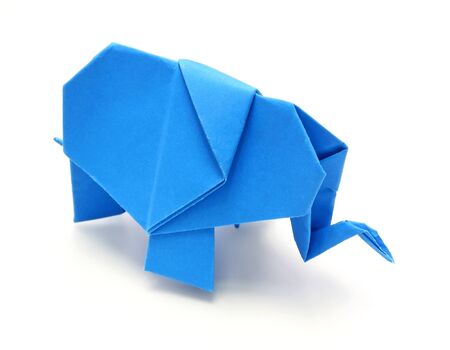 Origami blue elephant on white backgroundの写真素材
