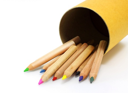 color pencils in cardboard box の写真素材