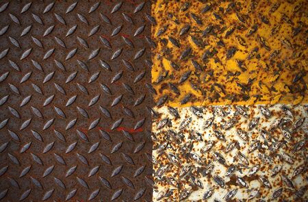 old metal diamond plate with yellow and white paint on surfaceの写真素材