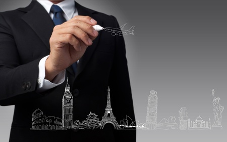 businessman drawing the concept travel around the worldの写真素材