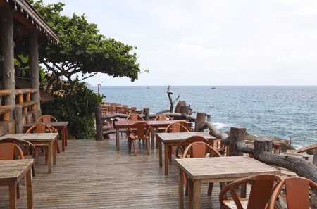Table with a beautiful sea view   Thailand  のeditorial素材