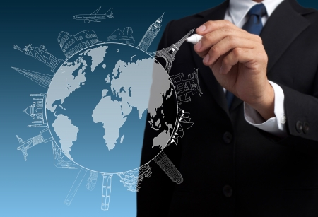 businessman drawing the concept travel around the world の写真素材