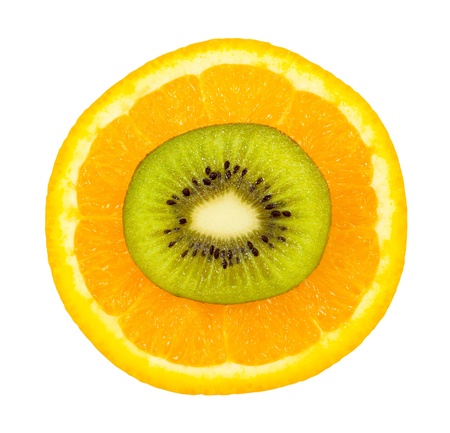  slice kiwi on orange isolated on white. の写真素材