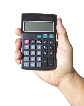 Hand, holding calculator on white background の写真素材