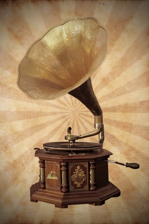 Old bronze gramophone on vintage backgroundの写真素材