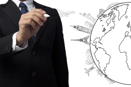 businessman drawing the concept travel around the world の写真素材