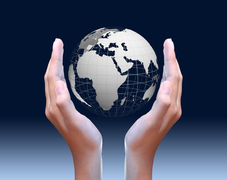 two hands holding global 