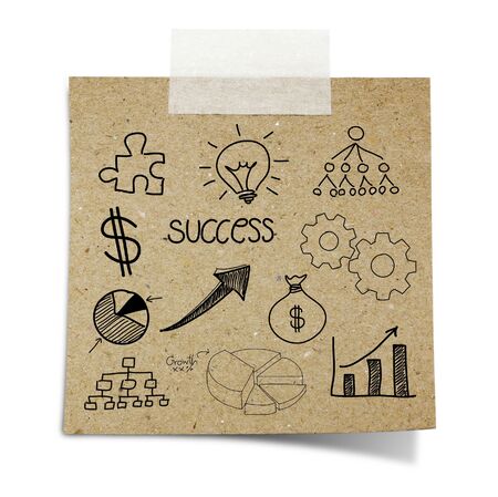 drawing business chart note taped recycle paper on white backgroundの写真素材