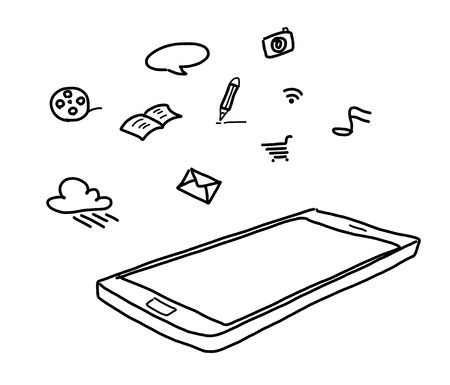 hand drawing smart phone with social media concept の写真素材