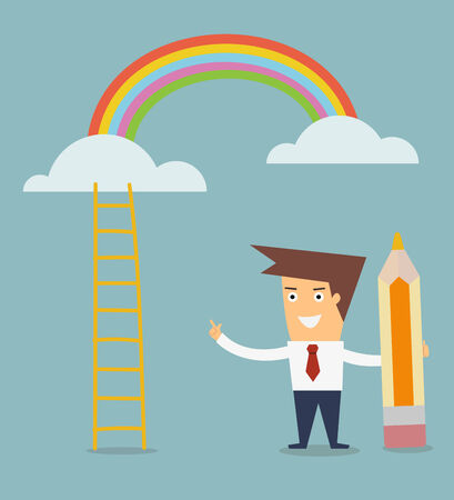 man draw ladder to rainbow concept of successのイラスト素材