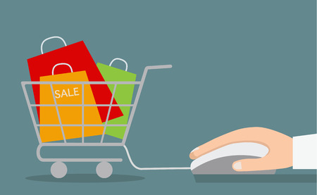 Hand with computer mouse and shopping cart with sale.のイラスト素材