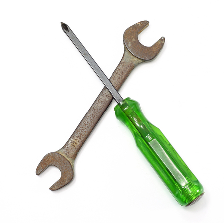 screwdriver and wrench tools on white background の写真素材