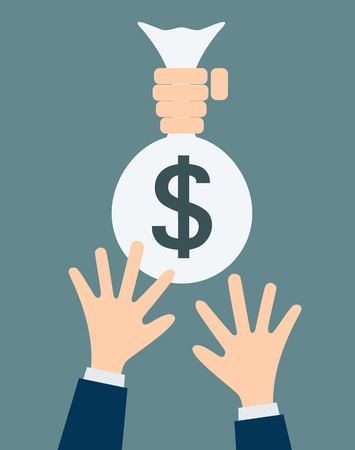 Human hand holding money bag on business man hand vector illustrationのイラスト素材