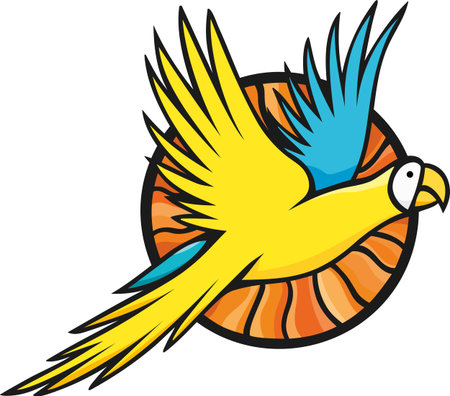 Blue-yellow macaw flying against the background of the sun. Illustration in the style of stained glass.のイラスト素材