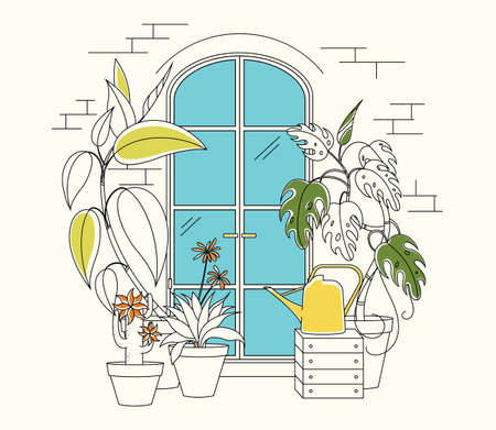 A door in the garden. Picturesque window with plants and watering canのイラスト素材