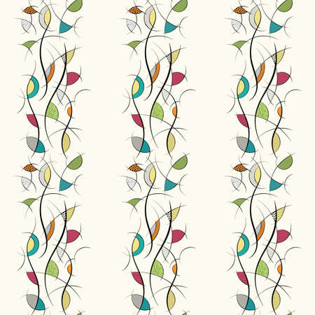 Vector abstract bright seamless pattern. Black thin lines with cells, dots and stripes. Colored details, beige background. Wallpaper with a pattern. Background for children's fabrics and paper.のイラスト素材