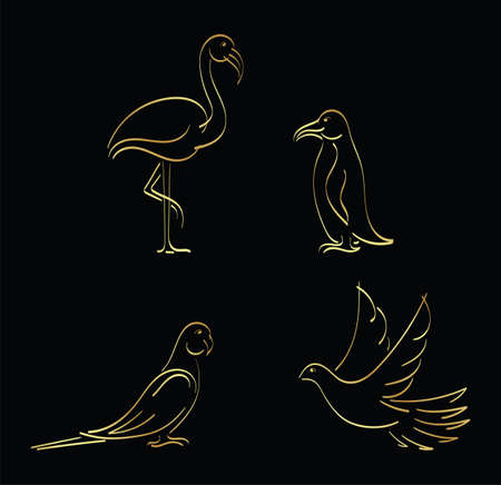 Vector illustration of golden outline of birds. parrot, macaw, flamingo, penguin, pigeon. Ink calligraphy. Simple image. Golden ribbons.  wild and domestic birds.のイラスト素材