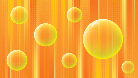 Bright vector background with space for text. Futuristic style, nanotechnology. Glowing soap bubbles, glass balls, orange juice on a striped background. Neon effect.のイラスト素材