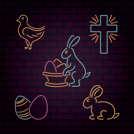 Set of vector neon Easter icons: rabbit, cross, eggs, chicken on a brick wall backgroundのイラスト素材