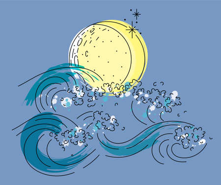 Vector illustration of line art sea waves at night and the moon. Outline with paint spotsのイラスト素材