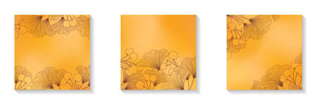 Set of square blurred orange frames with copy space for social media posts ginkgo leaves and berries line artのイラスト素材