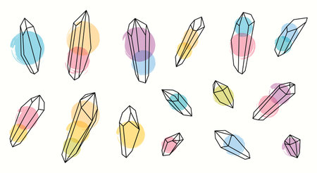 Set of vector magic colored healing crystals. Line art and watercolors.のイラスト素材