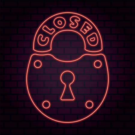 Vector illustration of a neon padlock with a glowing inscription closed on the background of a brick wallのイラスト素材
