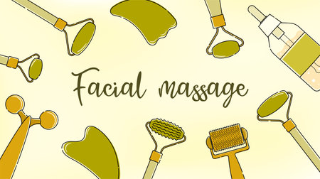 Blurred wallpaper with line art set of devices for facial massage. Gua sha, roller, sculpting, oil.のイラスト素材