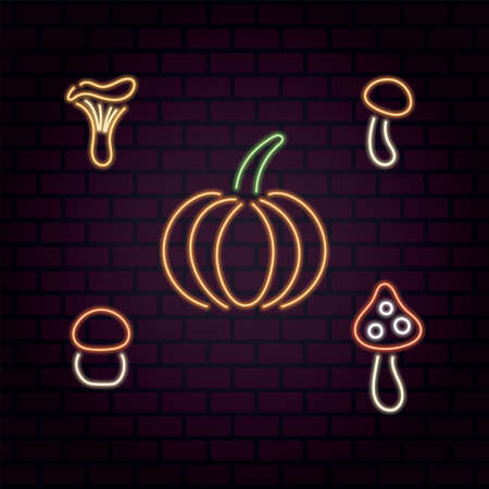 Bright neon set of autumn vegetables and mushrooms. Thanksgiving collectionのイラスト素材