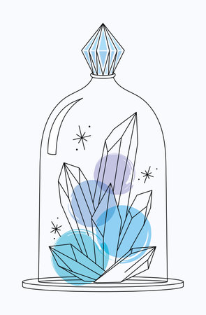 Vector bright lineart sketch blue quartz crystals in a glass dome. Pixiecore and fairycoreのイラスト素材