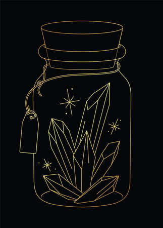 Vector golden line art sketch quartz crystals in glass bottle on blackのイラスト素材