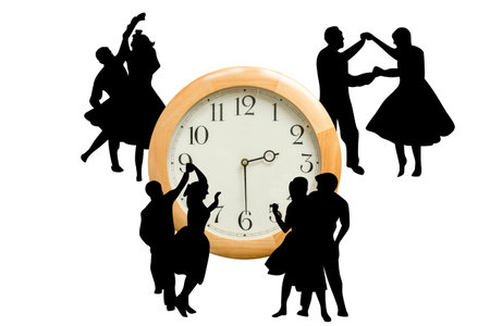 Time for dancing concept illustration with people silhouettes dancing around a clock. isolated on...
