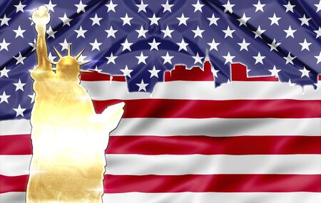Patriotic composition about Manhattan skyline shaped on American flag and golden statue of Libertyの写真素材