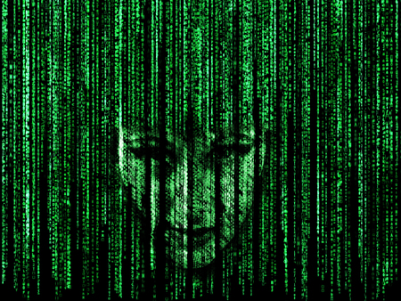 Woman face in green matrix background, computer codeed with symbols and characters.の写真素材