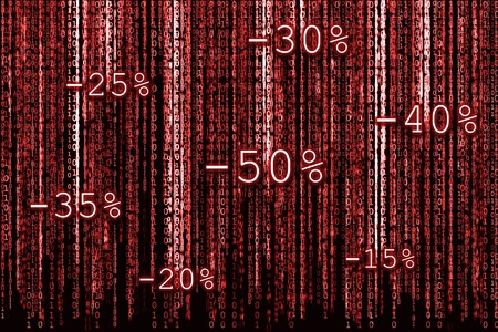 Red Binary code as matrix background with binary characters and discount percentages for Christmas sale.の写真素材