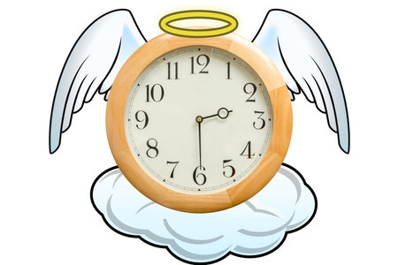 Clock on a cloud with angels wings and a golden halo, white background. Concept of paradise,...