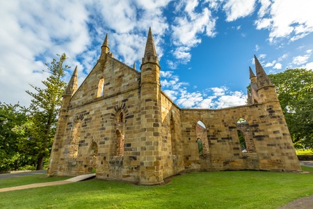 Ruins of the Church Convict, ancient historic church convict settlement, at Port Arthur Historic Site, Tasmania, Australia. Port Arthur until 1877 was a penal colony for prisoners. .の写真素材