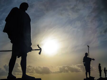 Guanche Kings, the statues of the nine aboriginal kings in the Plaza de la Candelaria next to the Church of Our Lady of Candelaria, Tenerife island, Canary, Spain.の写真素材