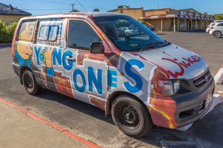 Sydney, Australia - January 9, 2015: Hippie van with Young Ones airbrushing hand made.Typical campers from Australian company: Wickedcampers.のeditorial素材